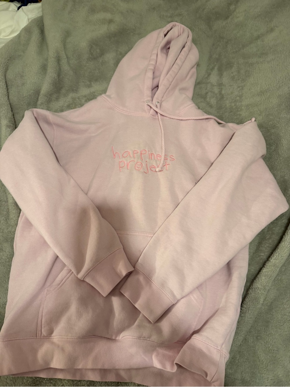 Pastel Pink Crewneck Hoodie with 'happiness project' Embroidery